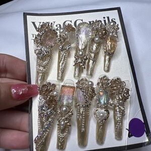 Elegant Champagne Gold and Pearl Press On Nail Jewelry Set Extra Long XS Coffin